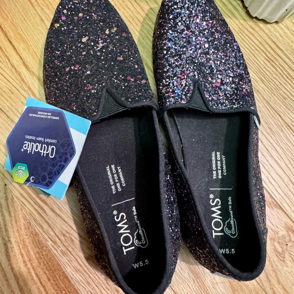 TOMS Women's Black Glitter Slip-On Flats with Multicolor Sparkle
